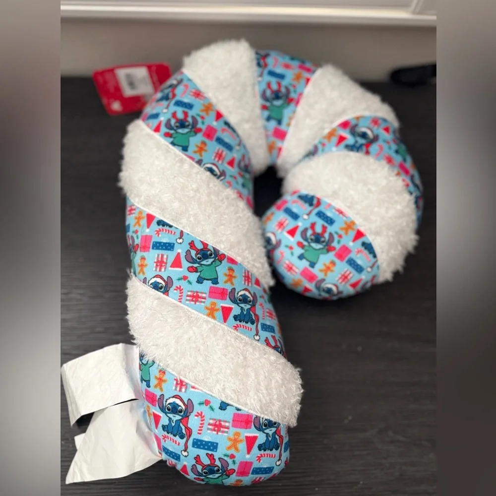 NWT Disney Stitch Candy Cane Blue & White Christmas Present Plush Pillow